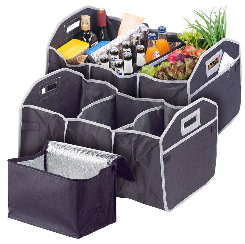 Lescars Kofferraumbox: 2er-Set 2in1-Kofferraum-Organizer mit 3 Fächern & Kühltasche, faltbar (Kofferraum-Tasche, Auto-Organizer mit Kühltasche, Anti Rutsch) von Lescars