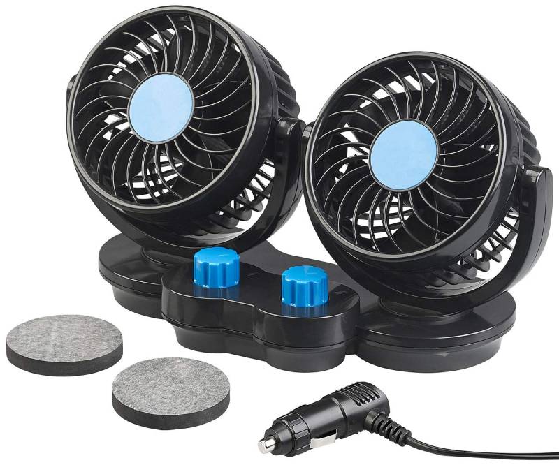 Lescars Auto Ventilator: Kfz-Doppel-Ventilator für 12-V-Anschluss, mit 2 Stufen, 6,5 Watt (Kfz Ventilator 12V, Lüfter 12V, Innenraum) von Lescars