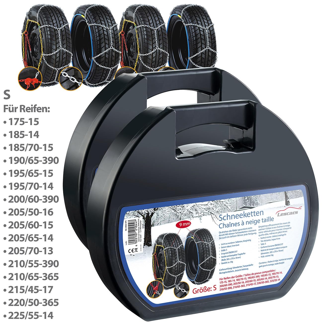 Lescars Autoubehör: 2er-Set Schneeketten Größe S für Reifen 195/65 R15 u.v.m. (Auto Zubehör) von Lescars