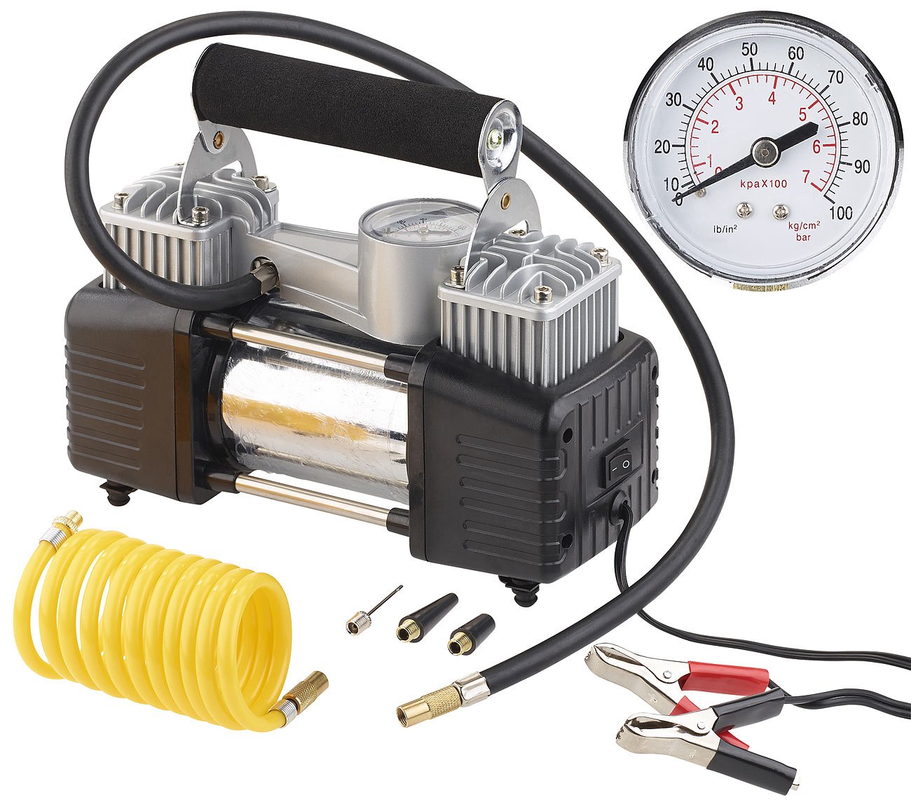 Lescars Luftkompressor 12 Volt: Mobiler Luft-Kompressor, Manometer, 12 V, 100 psi, 288 Watt, 3 Adapter (12V Kompressor, Kompressor Volt, Zigarettenanzünder) von Lescars