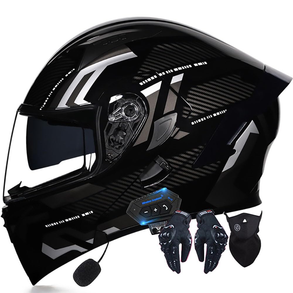 Klapphelm Motorrad mit Bluetooth, Motorradhelm Integrierter Bluetooth-Helm ECE Zertifiziert Moped Full Face Helm Rollerhelm Anti-Fog-Doppelspiegel für Damen Herren 55~62cm von Letetexi