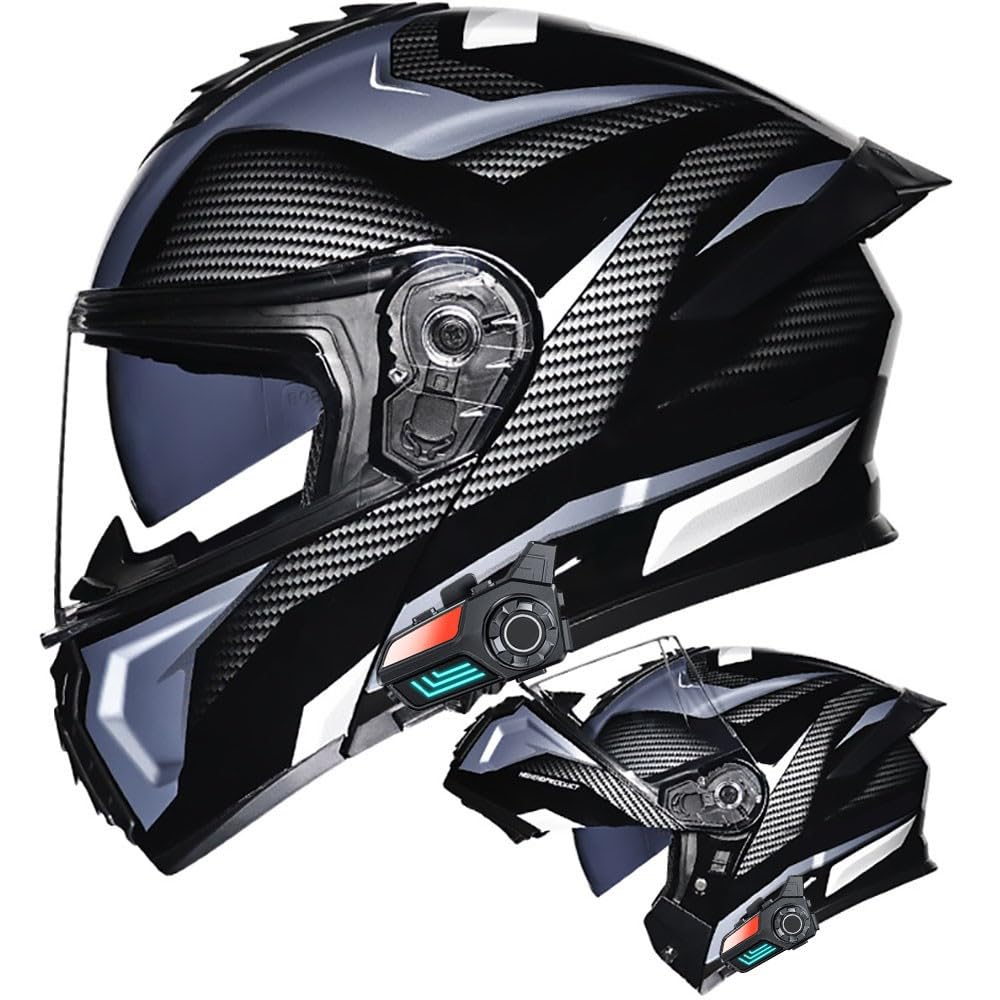 Klapphelm mit Bluetooth, Motorradhelm Integrierter Bluetooth-Helm ECE Zertifiziert Motorrad Full Face Helm Rollerhelm Anti-Fog-Doppelspiegel Belüftung für Damen Herren 55~64cm von Letetexi