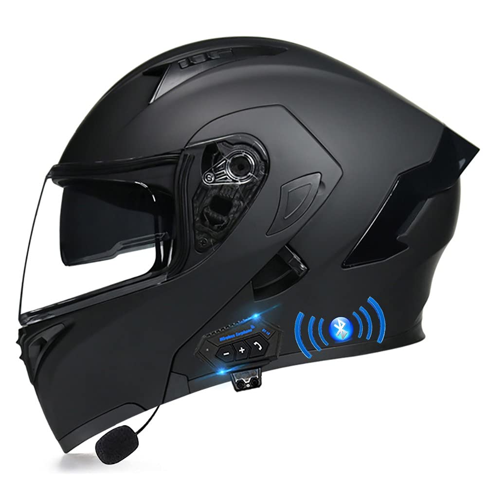 Motorradhelm mit Bluetooth Klapphelm Integralhelm Fullface Helm Rollerhelm Sturzhelm mit Doppelvisier Sonnenblende ECE Motocrosshelm Belüftung für Herren Erwachsene-Schwarz 55~60cm von Letetexi