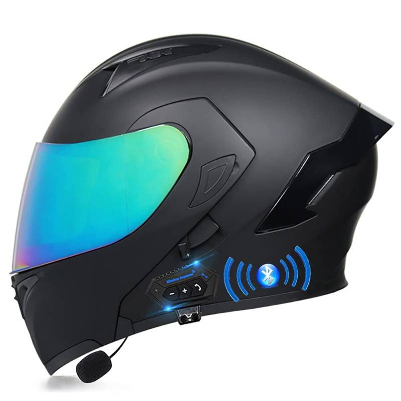 Motorradhelm mit Bluetooth Klapphelm Integralhelm Fullface Helm Rollerhelm Sturzhelm mit Doppelvisier Sonnenblende ECE Motocrosshelm Belüftung für Herren Erwachsene-Schwarz 55~60cm von Letetexi