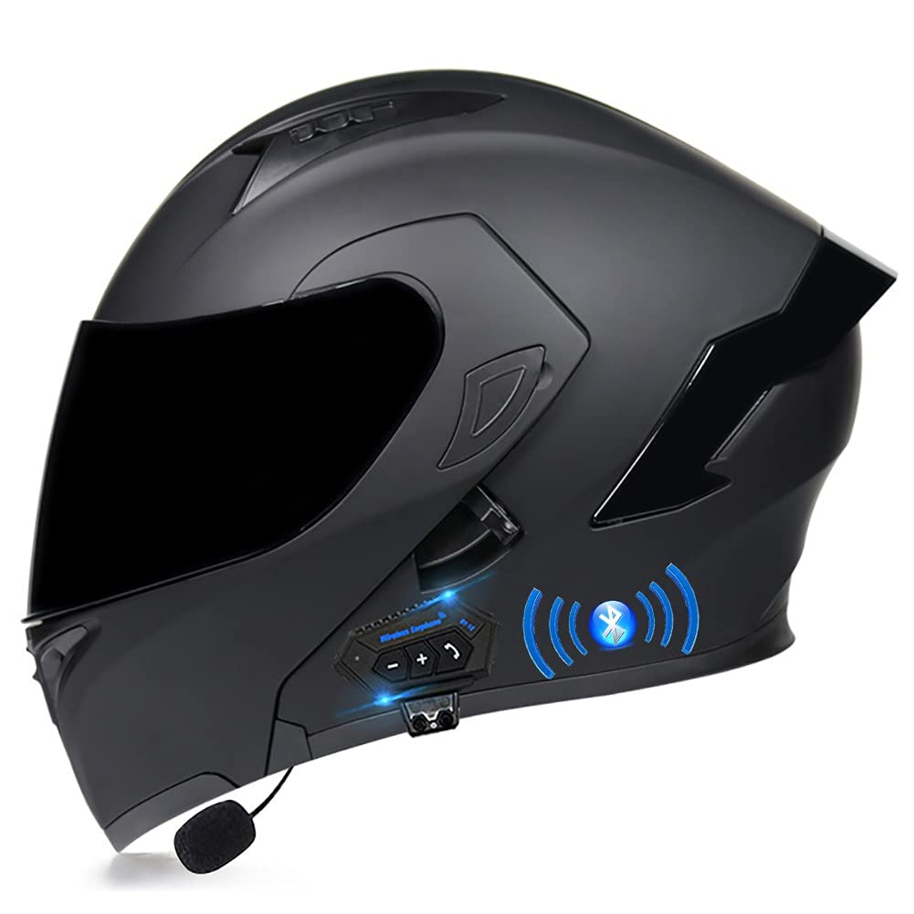 Motorradhelm mit Bluetooth Klapphelm Integralhelm Fullface Helm Rollerhelm Sturzhelm mit Doppelvisier Sonnenblende ECE Motocrosshelm Belüftung für Herren Erwachsene-Schwarz 55~60cm von Letetexi