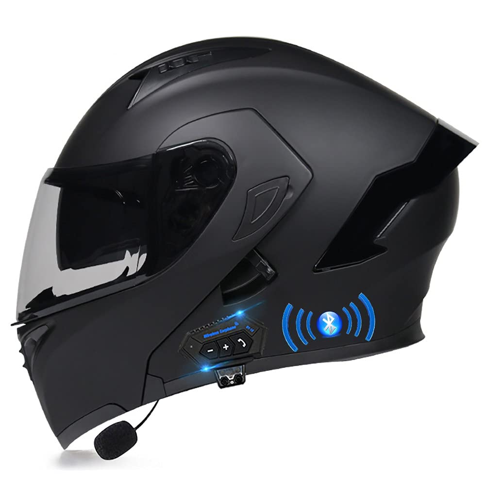 Motorradhelm mit Bluetooth Klapphelm Integralhelm Fullface Helm Rollerhelm Sturzhelm mit Doppelvisier Sonnenblende ECE Motocrosshelm Belüftung für Herren Erwachsene-Schwarz 55~60cm von Letetexi