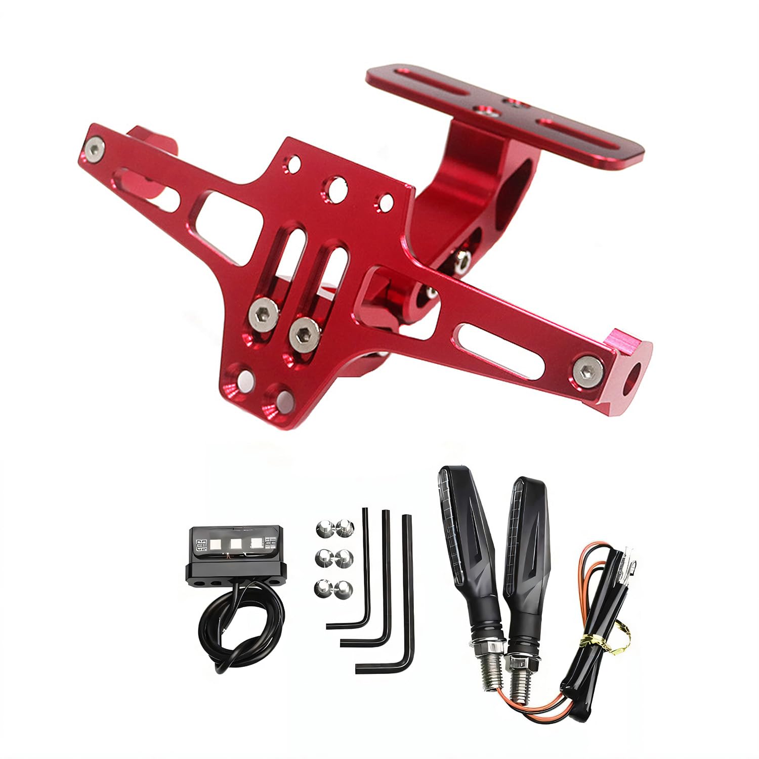 Motorrad-Kennzeichenhalter mit Links-/Rechtsabbiegelicht Motorrad-Kennzeichenhalter LED-Licht Verstellbarer Universal CNC-Aluminium-Kennzeichenhalter Für die meisten gängigen Motorradmodelle (Rot) von Letgoing