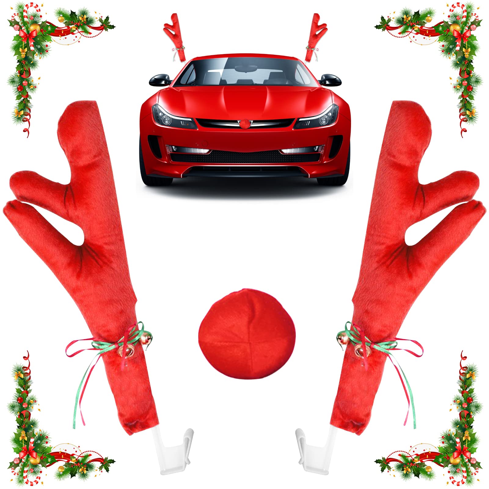 Lets Joy Auto Dekorationen Rentier Geweih, Auto Weihnachten Deko Rentier Geweihe und Rote Nase, Weihnachten Rentier Fahrzeug, Rentier für Auto, Rentiergeweihe Auto Weihnachtsdeko (rot) von Lets Joy