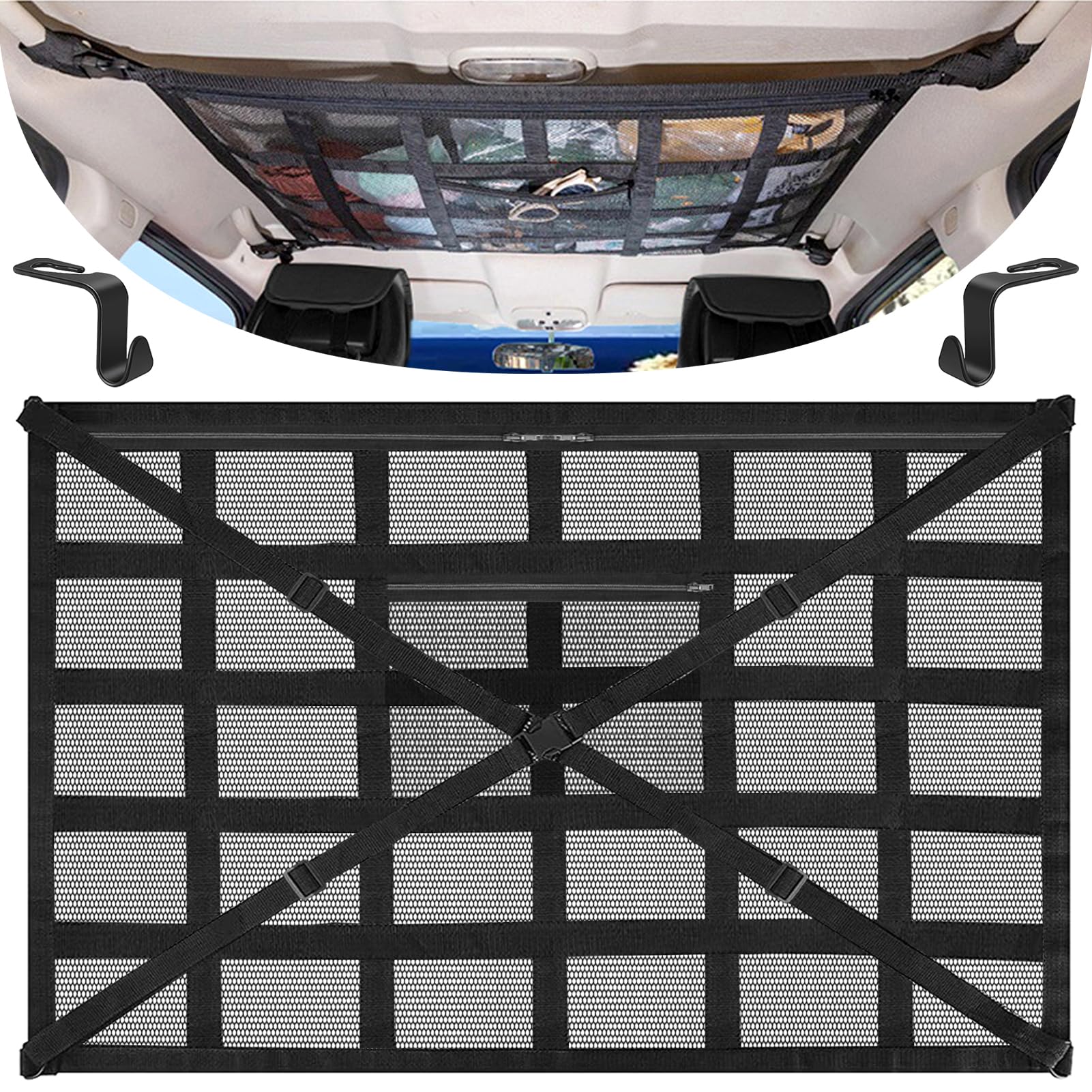 Lets Joy Gepäcknetz Auto, 90 × 65 cm Gepäcknetz Auto für Aufbewahrung, Autodach Gepäcknetz mit 2 Haken, Autodach Gepäcknetz, Universal Netztasche für Vier Dach Armlehnen, Jeep, SUV, Van von Lets Joy