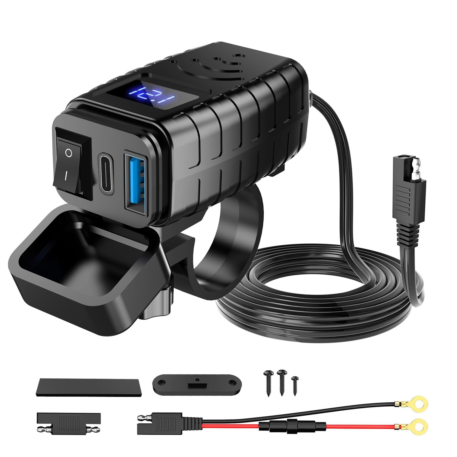 Lhdfyqt Dual-USB Motorrad Telefon Ladegerät, Motorrad USB Ladegerät, Schnelltrenner SAE zu USB Adapter, Motorrad Steckdose USB C, QC3.0 PD, Type-C & USB, mit Independent Schalter und LED Voltmeter von Lhdfyqt