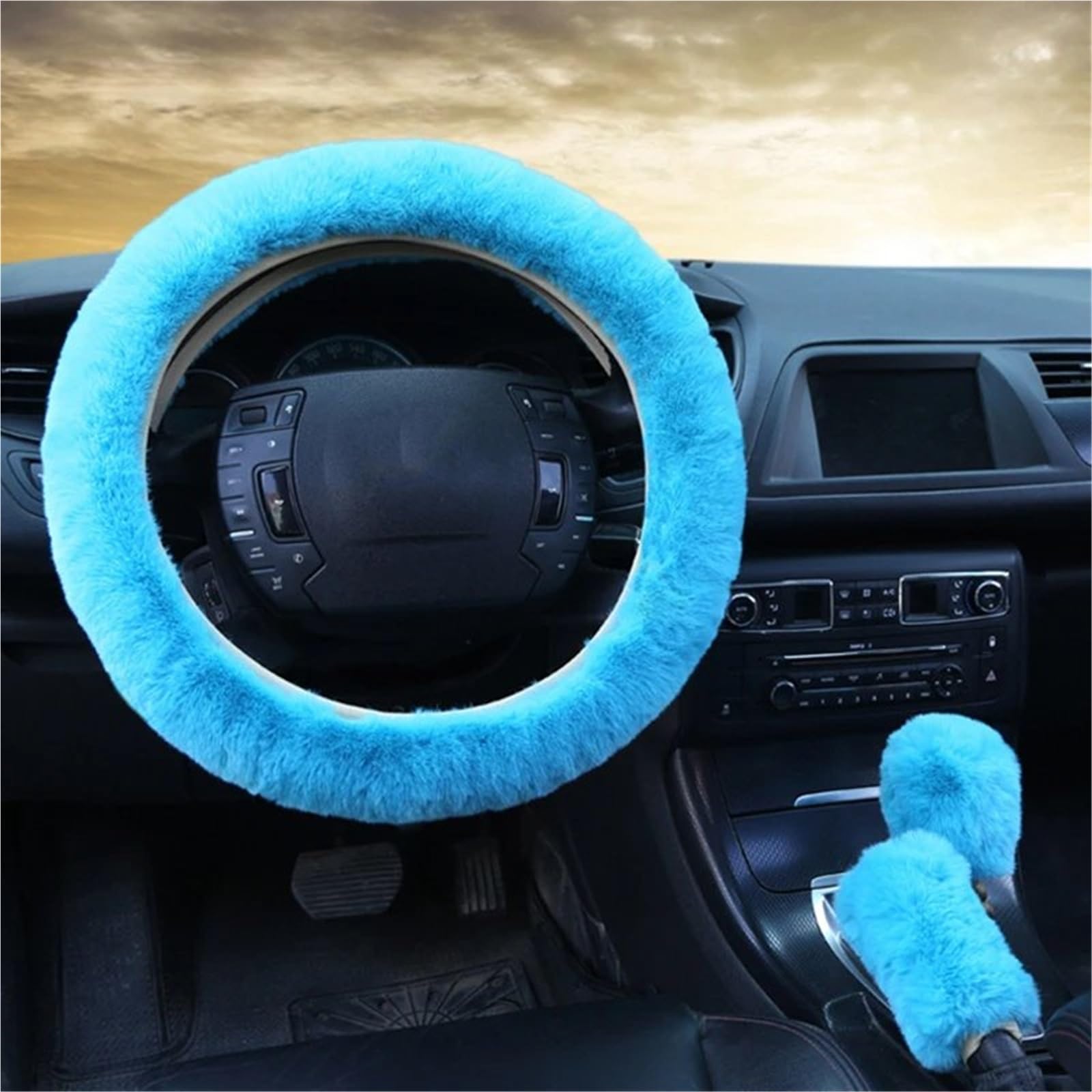 Auto-Lenkradabdeckung Pelz Auto Lenkrad Abdeckung Warme Winter Auto Handbremse Shift Abdeckung DREI-stück Set Lenkrad 38 cm Lenkradbezüge(Lake Blue) von Lhdktee