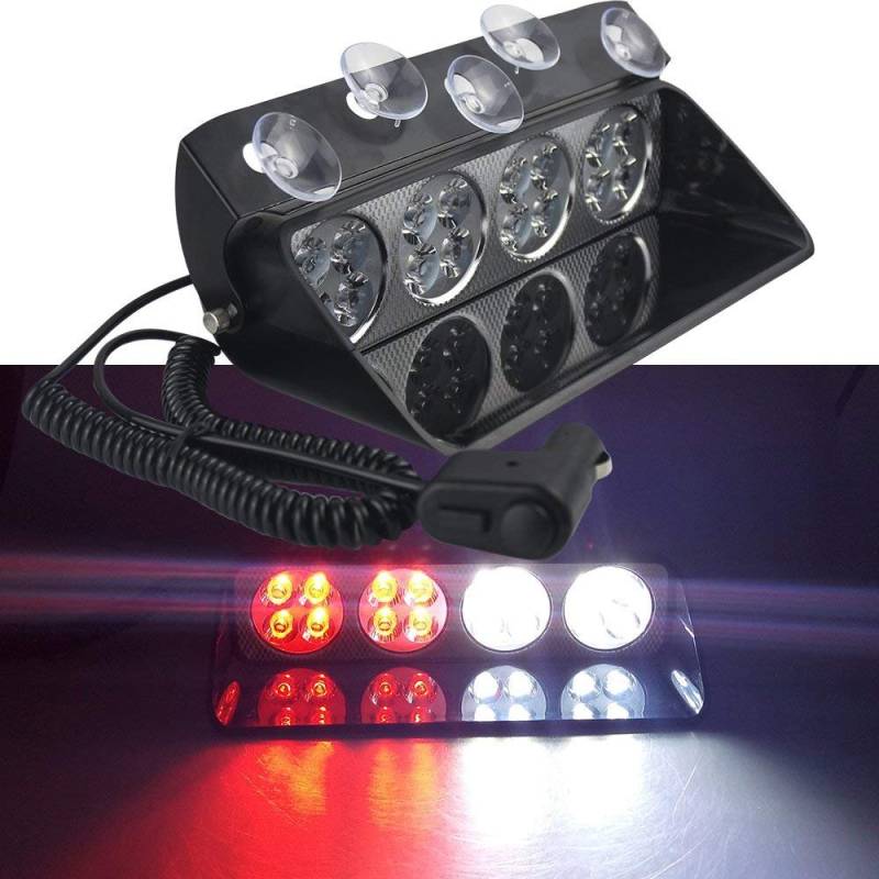 LifeUp 12V Auto Blitzlichter, 16-LED Auto Warnblinkanlage Warnsignale für Fahrzeuginnenraum Dach/Armaturenbrett/Visier/Frontscheibe mit Saugnapf, 18 Blinkmuster (Rot + Weiß) von LifeUp