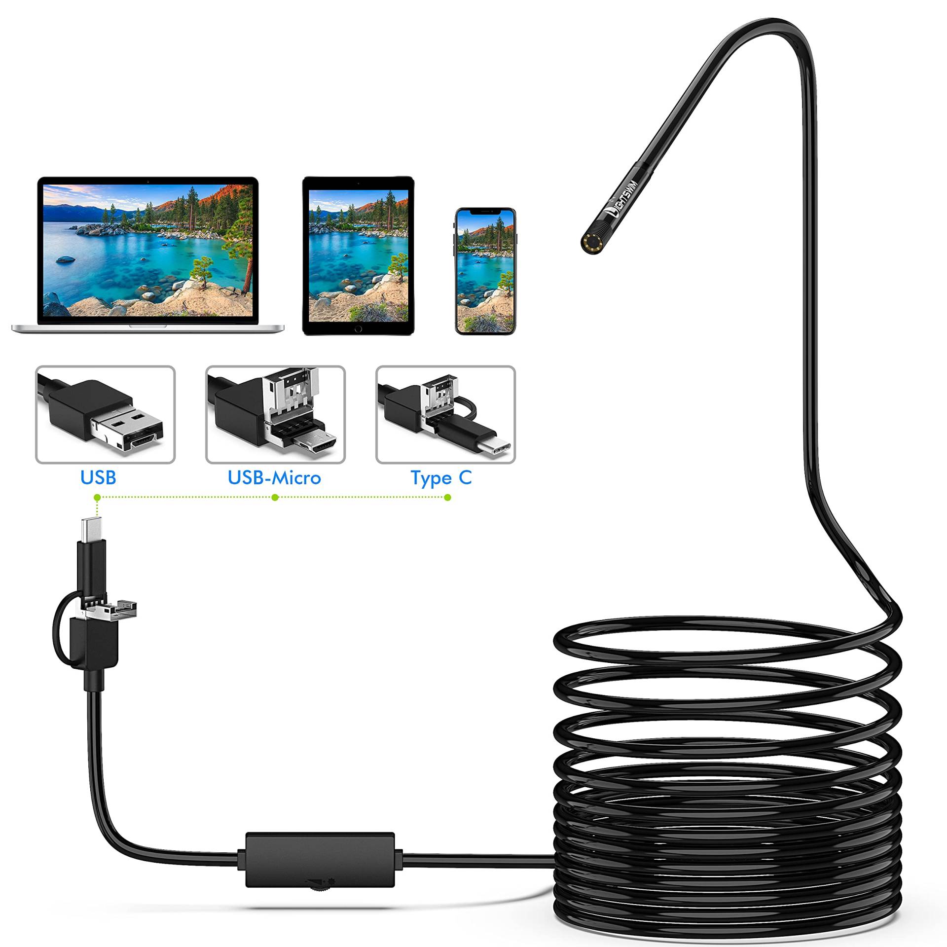 Lightswim Endoskop 3 in 1 USB/Micro USB/Typ C 1200P Inspektionskamera 2,0 Megapixel HD Endoskop wasserdichte halbstarre Kabelschlangenkamera für Android Phone/Windows/MacBook OS Computer (5M) von Lightswim