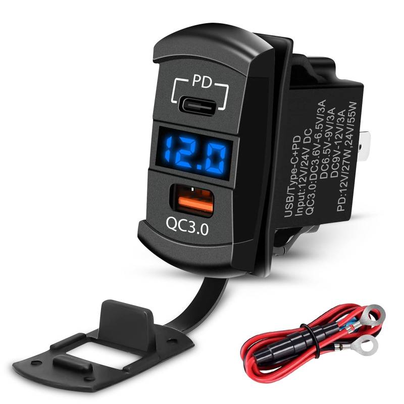 Linkstyle Autoladebuchse, PD Typ C & QC3.0 USB Autosteckdose mit LED Digital Voltmeter für 12V Fahrzeug Marine Boot von Linkstyle