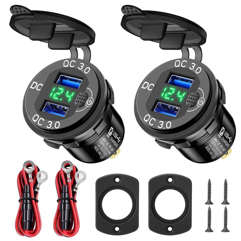 Linkstyle USB Auto Ladebuchse, Dual QC3.0 USB Ladegerät Steckdose mit LED Voltmeter für 12V/24V Fahrzeuge, 2Stück Grün von Linkstyle