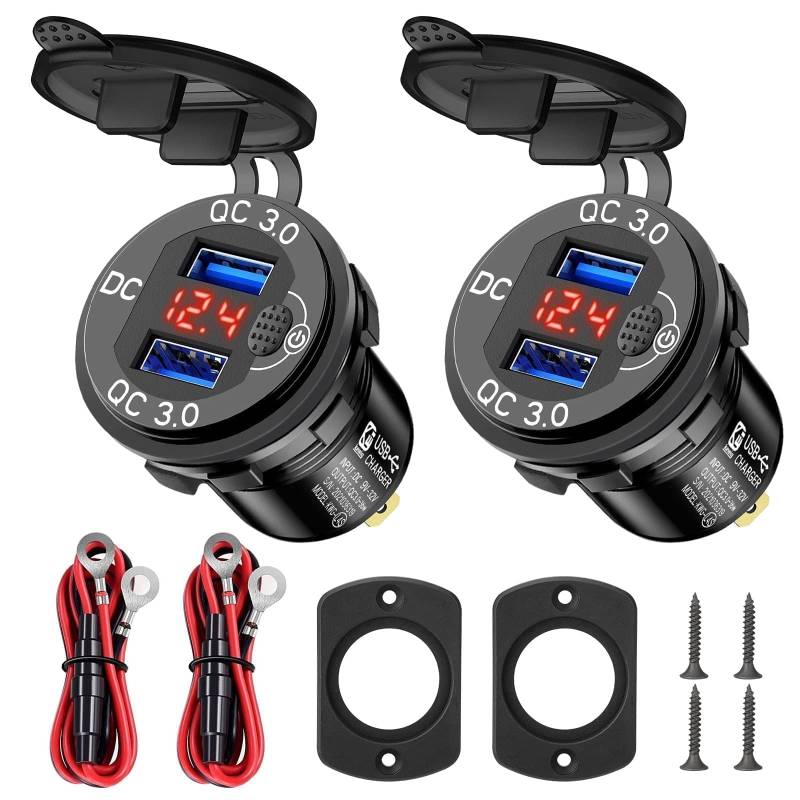 Linkstyle Auto USB Steckdose, Dual USB QC3.0 KFZ Ladegerät Einbau mit LED Voltmeter für 12V/24V Boot Motorrad Marine, 2Stück Rot von Linkstyle