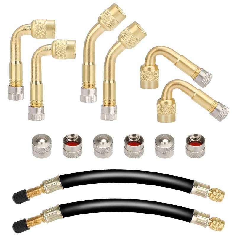 Linkstyle 6 Stück Reifen Ventil Verlängerung Set, Autoventil Kupfer Ventiladapter 45 90 135 Grad Winkelventil mit 2 Stück 180mm Flexible Gummi Reifen Ventilverlängerung für Auto Motorrad Fahrrad von Linkstyle