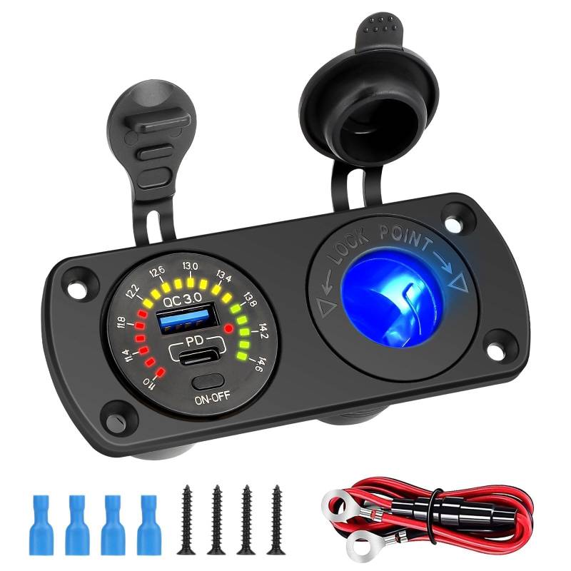 Linkstyle USB Steckdosen Panel, Zigarettenanzünder Splitter, QC3.0 USB A & PD Typ C USB Power Panel mit LED Voltmeter für 12V/24V Auto von Linkstyle