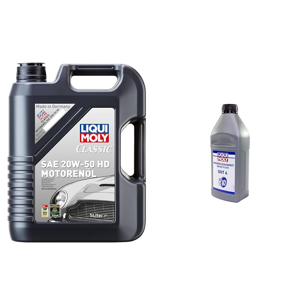 LIQUI MOLY Classic Motorenöl SAE 20W-50 HD | 5 L | mineralisches Motoröl | Art.-Nr.: 1129 & Bremsflüssigkeit DOT 4 | 1 L | Bremsflüssigkeit | Art.-Nr.: 21157 von Liqui Moly