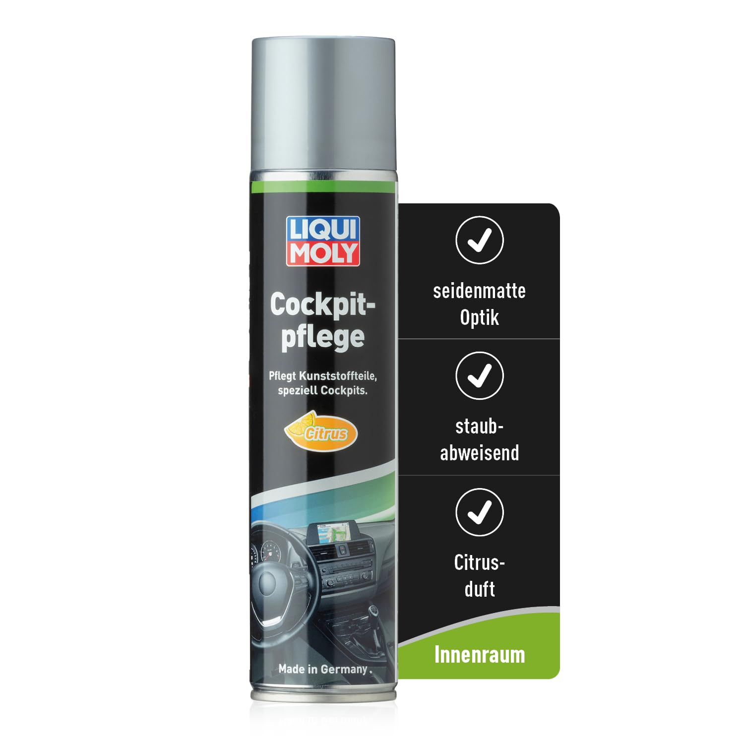 LIQUI MOLY Cockpitspray Cockpitpflege Citrus, Art.-Nr. 1599 I 300 ml Auto Innenraum-Pflege & Reinigung für Kunststoffteile I Regenerierend, auffrischend & antistatisch I Seidenmatte Dashboard Pflege von Liqui Moly