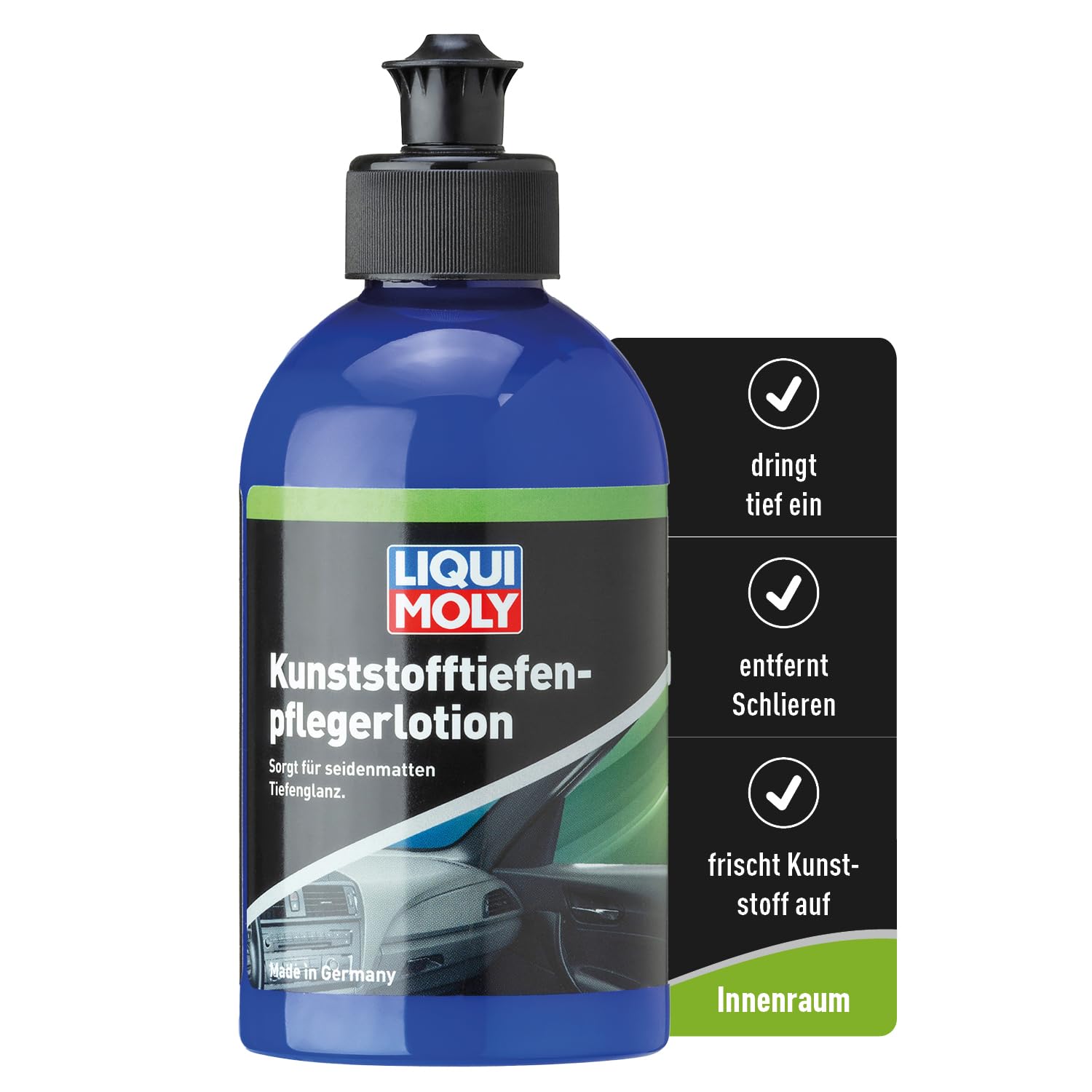 LIQUI MOLY Kunststofftiefenpflegerlotion, Art.-Nr. 1537 I 250 ml dickflüssige Kunststoffpflege für senkrechte Stellen im Auto-Innenraum I Pflegt und frischt Kunststoff auf I Seidenmatter Glanz von Liqui Moly