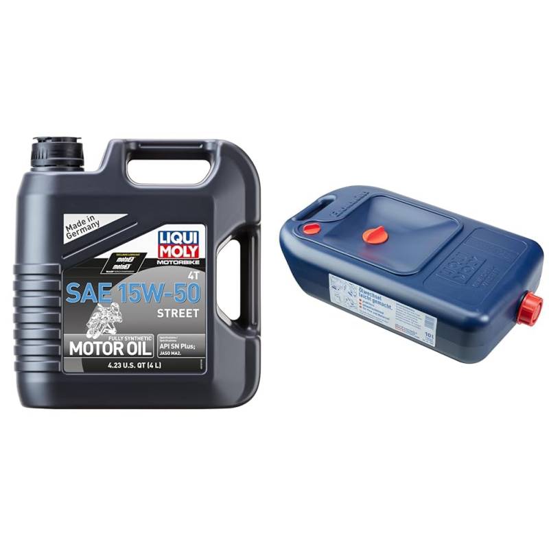 LIQUI MOLY Motorbike 4T 15W-50 Street | 4 L | Motorrad Synthesetechnologie Motoröl | Art.-Nr.: 1689 & Ölwechselkanister | 1 Stk | Ölwechsel-Zubehör | Art.-Nr.: 7055 von Liqui Moly