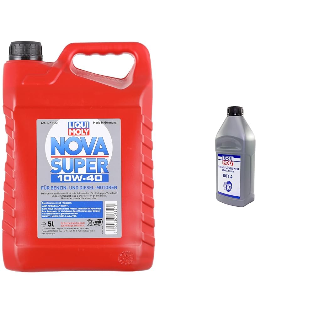 LIQUI MOLY Nova Super 10W-40 | 5 L | mineralisches Motoröl | Art.-Nr.: 7351 & Bremsflüssigkeit DOT 4 | 1 L | Bremsflüssigkeit | Art.-Nr.: 21157 von Liqui Moly