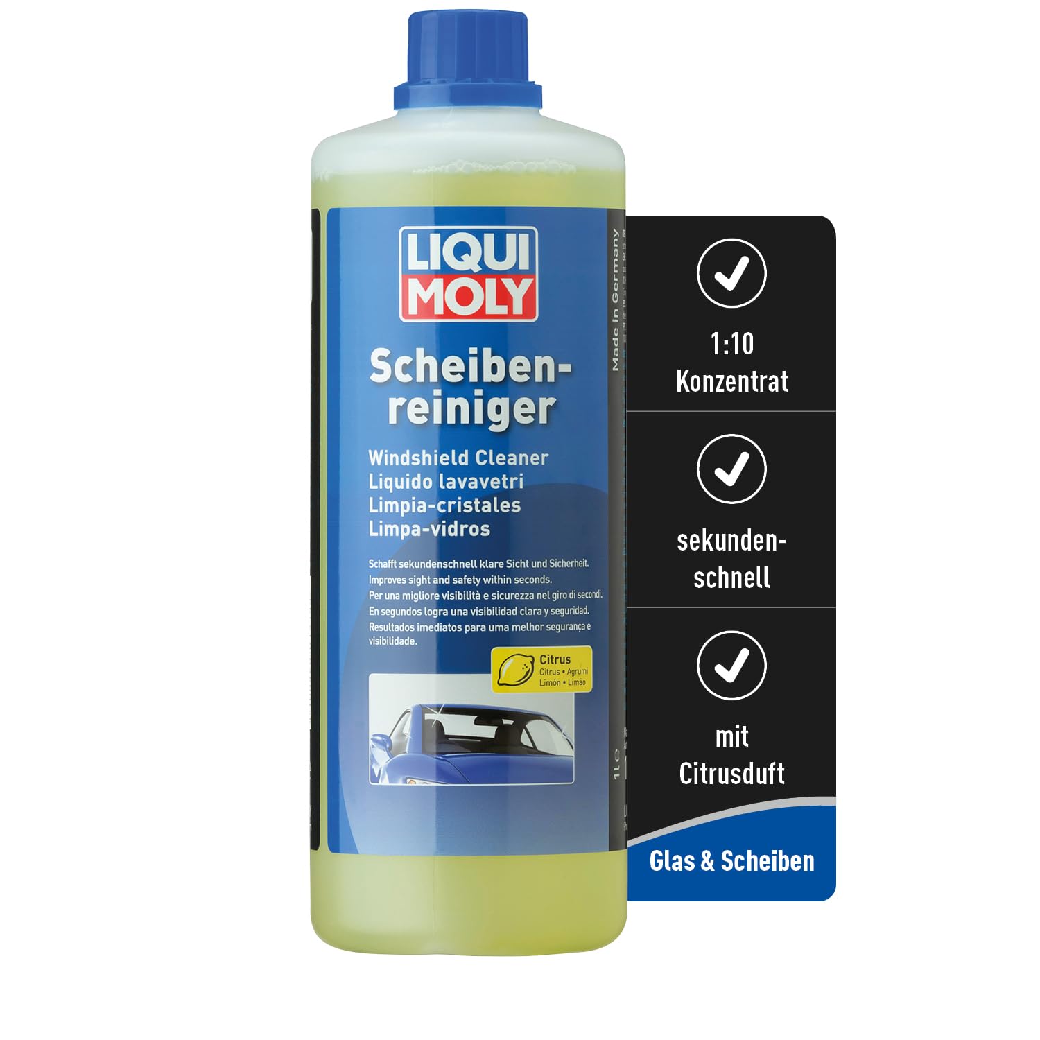 LIQUI MOLY Scheibenwischwasser Scheibenreiniger Citrus, Art.-Nr.: 1514 I 1 L Auto Wischwasser Konzentrat I 1:10 Mischung, 1 L Konzentrat für 10 L I Streifenfrei mit Zitronenduft von Liqui Moly