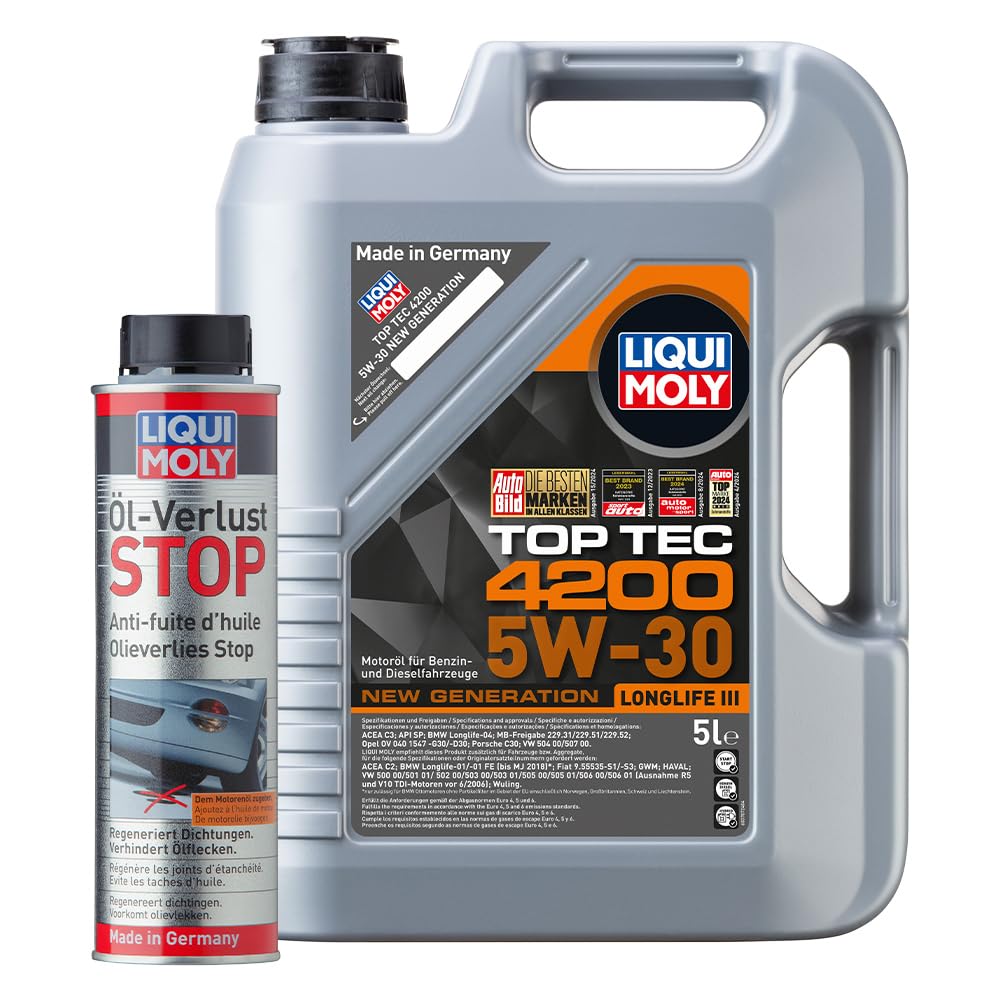 LIQUI MOLY Top Tec 4200 5W-30 New Generation | 5 L | Synthesetechnologie Motoröl | Art.-Nr.: 3707 & Öl-Verlust Stop | 300 ml | Öladditiv | Art.-Nr.: 1005 von Liqui Moly