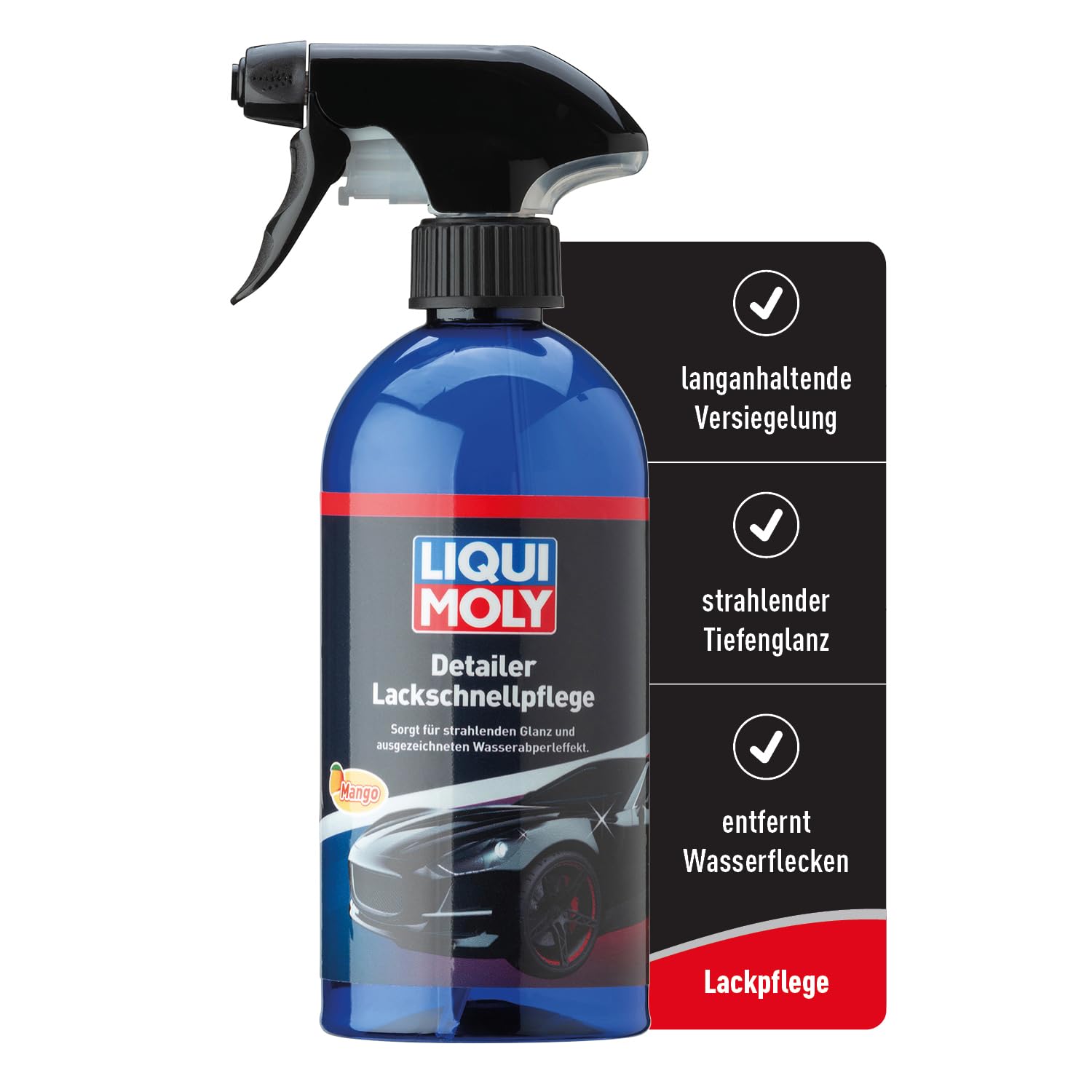 LIQUI MOLY Detailer Lackschnellpflege, Art.-Nr. 21611 I 500ml Lackpflege Auto Versiegelung für Schutz & Glanz I Detailer Auto gegen Wasserflecken I Mit Mango-Duft & Wasserabperleffekt von Liqui Moly