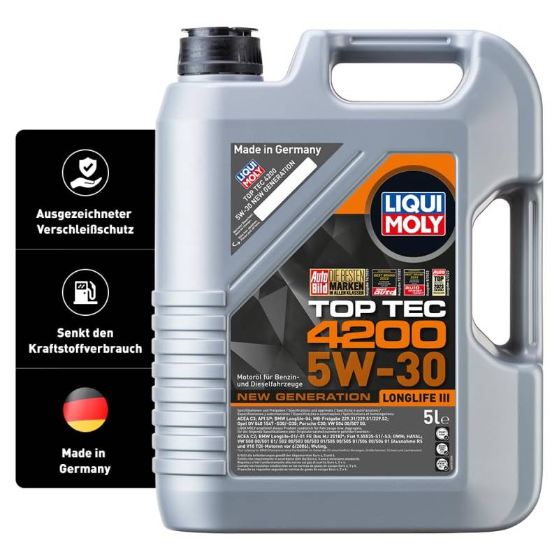 LIQUI MOLY Top Tec 4200 5W-30 New Generation | 5 L | Synthesetechnologie Motoröl | Art.-Nr.: 3707, farblos von Liqui Moly