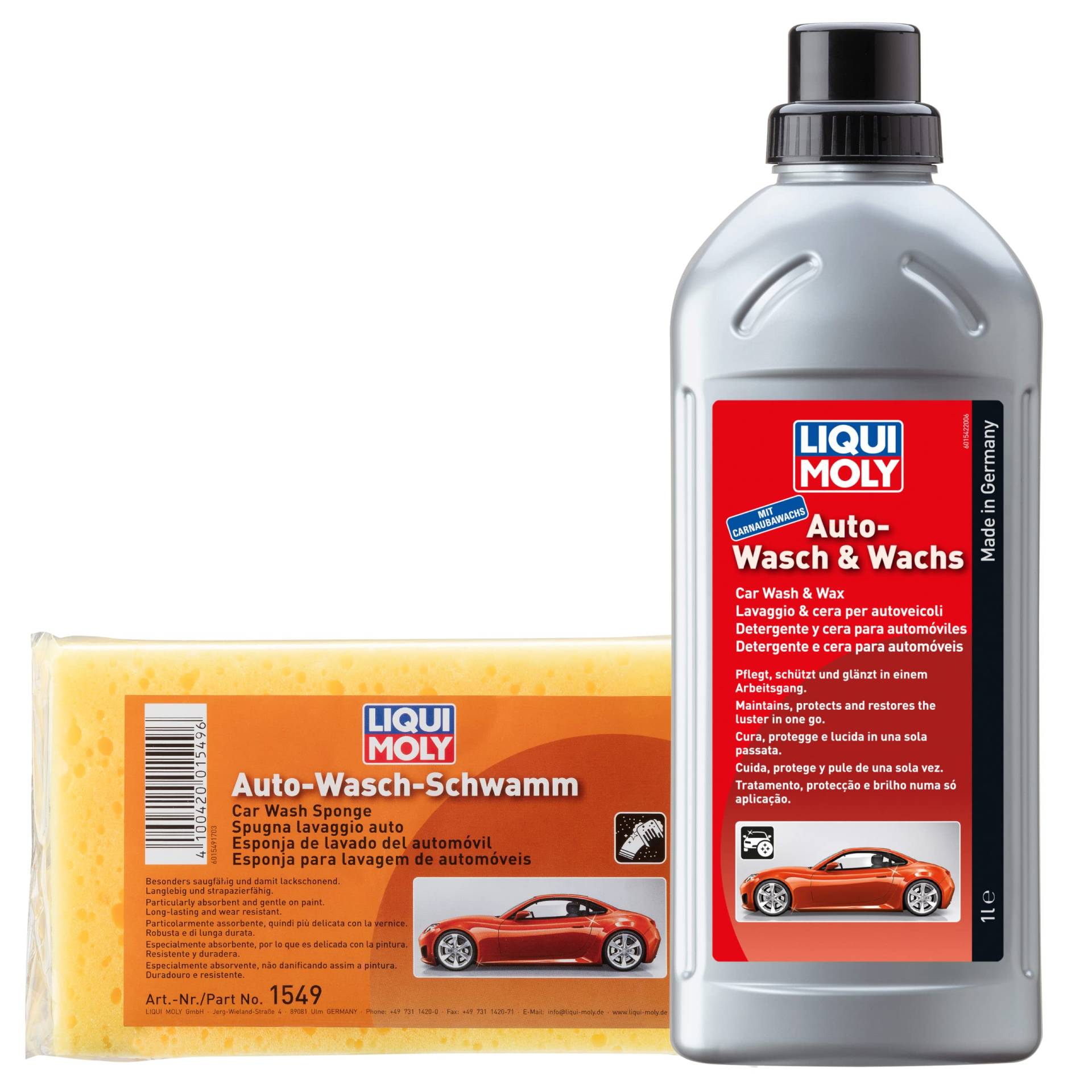 Liqui Moly Auto Wasch Set mit Schwamm | Auto-Wasch & Wachs 1 Liter schnelle Lackpflege für zwischendurch. Pflegt, schützt und glänzt | Auto-Wasch-Schwamm 1 STK. Besonders saugfähig und lackschonend von Liqui Moly