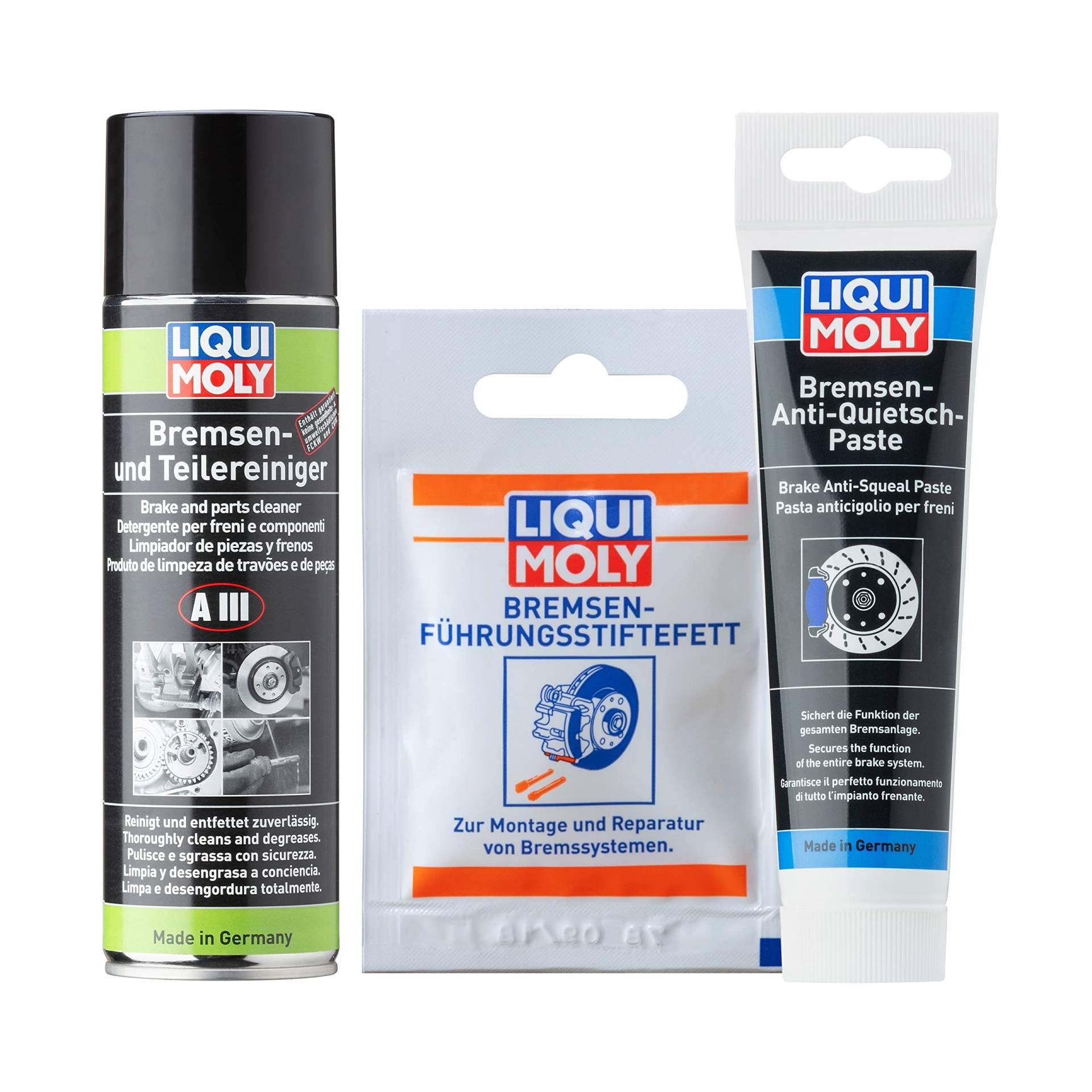 Liqui Moly Bremsen Montage Set | Bremsen-Anti-Quietsch-Paste 100g | Bremsen- und Teilereiniger AIII 500ml | Bremsenführungsstiftefett 5g | Bremsen Wechsel Set von Liqui Moly