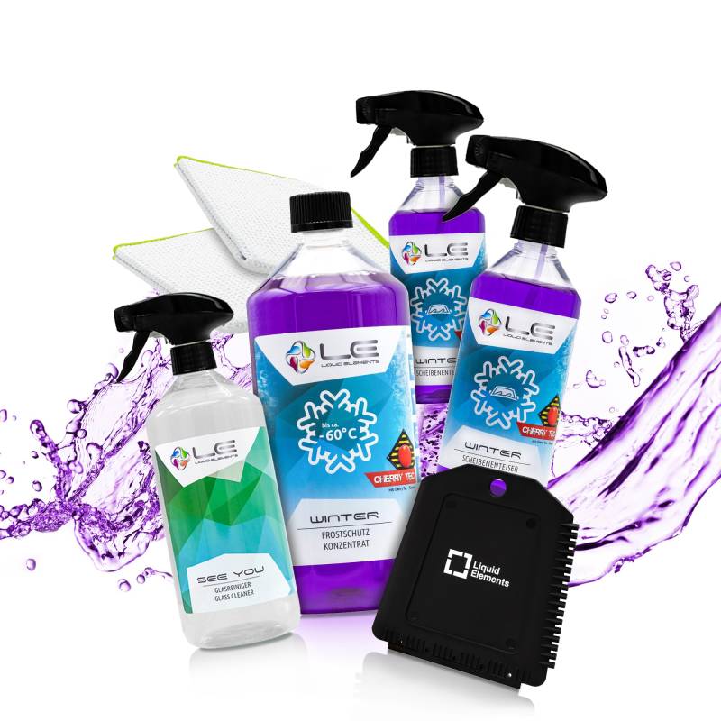 Liquid Elements – Scheibenfrostschutz Winter Set mit 1x Frostschutzmittel, 2X Enteiserspray, 2X Mikrofasertücher, 1x Glasreiniger & 1x Eiskratzer – Auto Enteiser Zubehör (Cherry Tec) von Liquid Elements