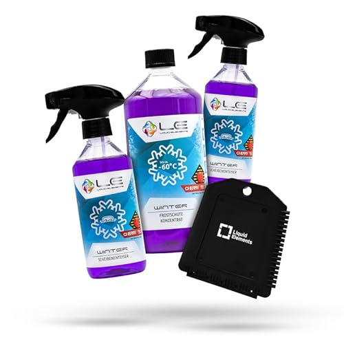 Liquid Elements – Scheibenfrostschutz Winter Set mit 1x Frostschutzmittel, 2X Enteiserspray & 1x Eiskratzer – Auto Enteiser Zubehör für effektiven Frostschutz an kalten Tagen (Cherry Tec) von Liquid Elements