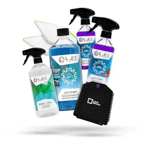 Liquid Elements – Scheibenfrostschutz Winter Set mit 1x Frostschutzmittel, 2X Enteiserspray, 2X Mikrofasertücher, 1x Glasreiniger & 1x Eiskratzer – Auto Enteiser Zubehör (Duftneutral) von Liquid Elements