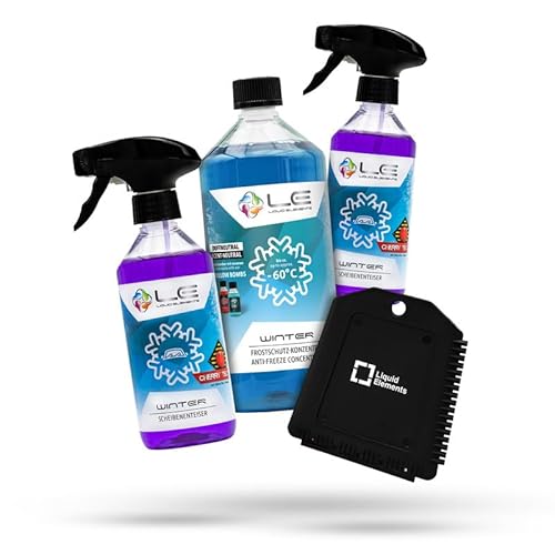 Liquid Elements – Scheibenfrostschutz Winter Set mit 1x Frostschutzmittel, 2X Enteiserspray & 1x Eiskratzer – Auto Enteiser Zubehör für effektiven Frostschutz an kalten Tagen (Duftneutral) von Liquid Elements