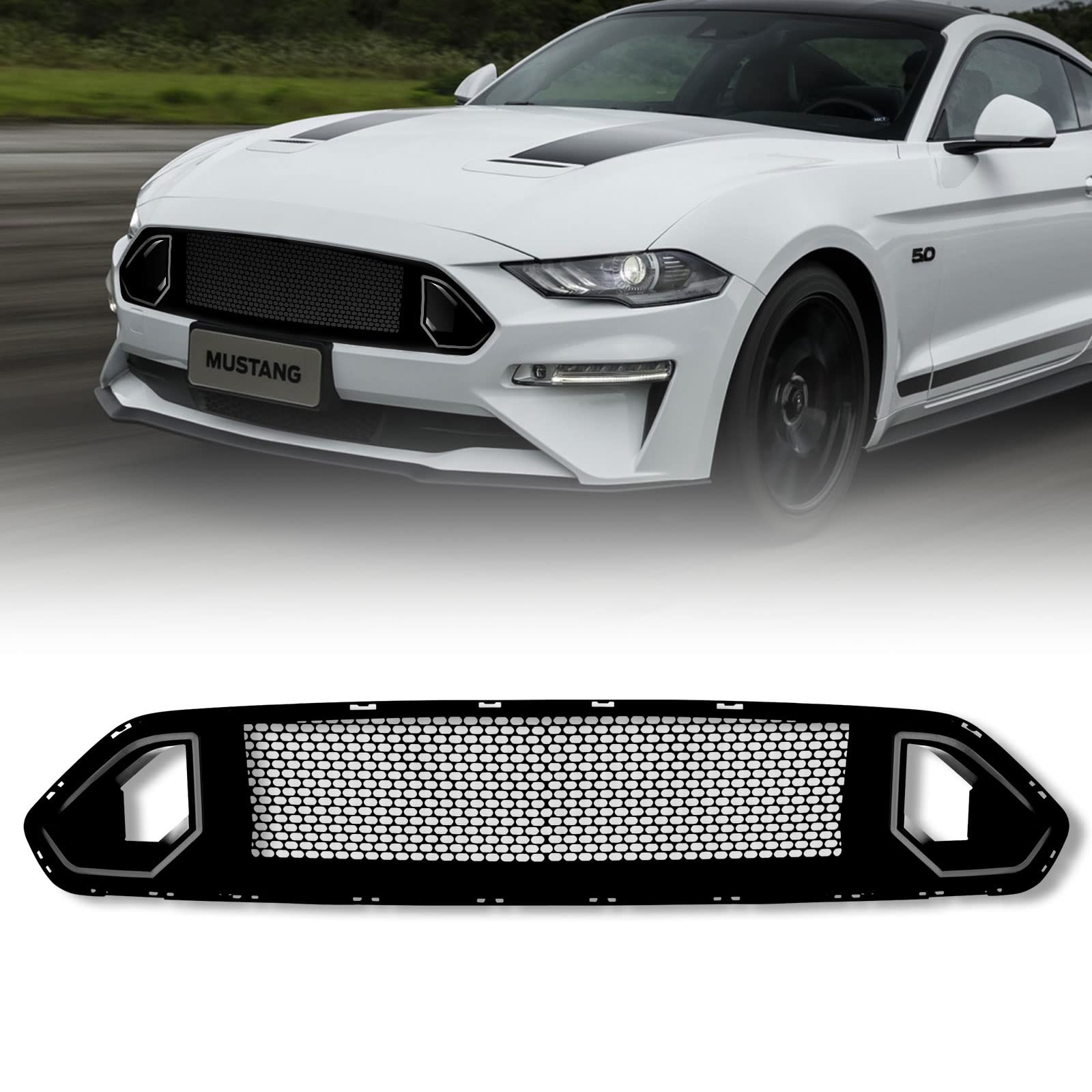 LitMiRaCle Kühlergrill & Kühlergrillschutz – Mesh Frontstoßstange Obere Motorhaube Kühlergrill Kompatibel mit 18-23 Mustang GT EcoBoost von LitMiRaCle