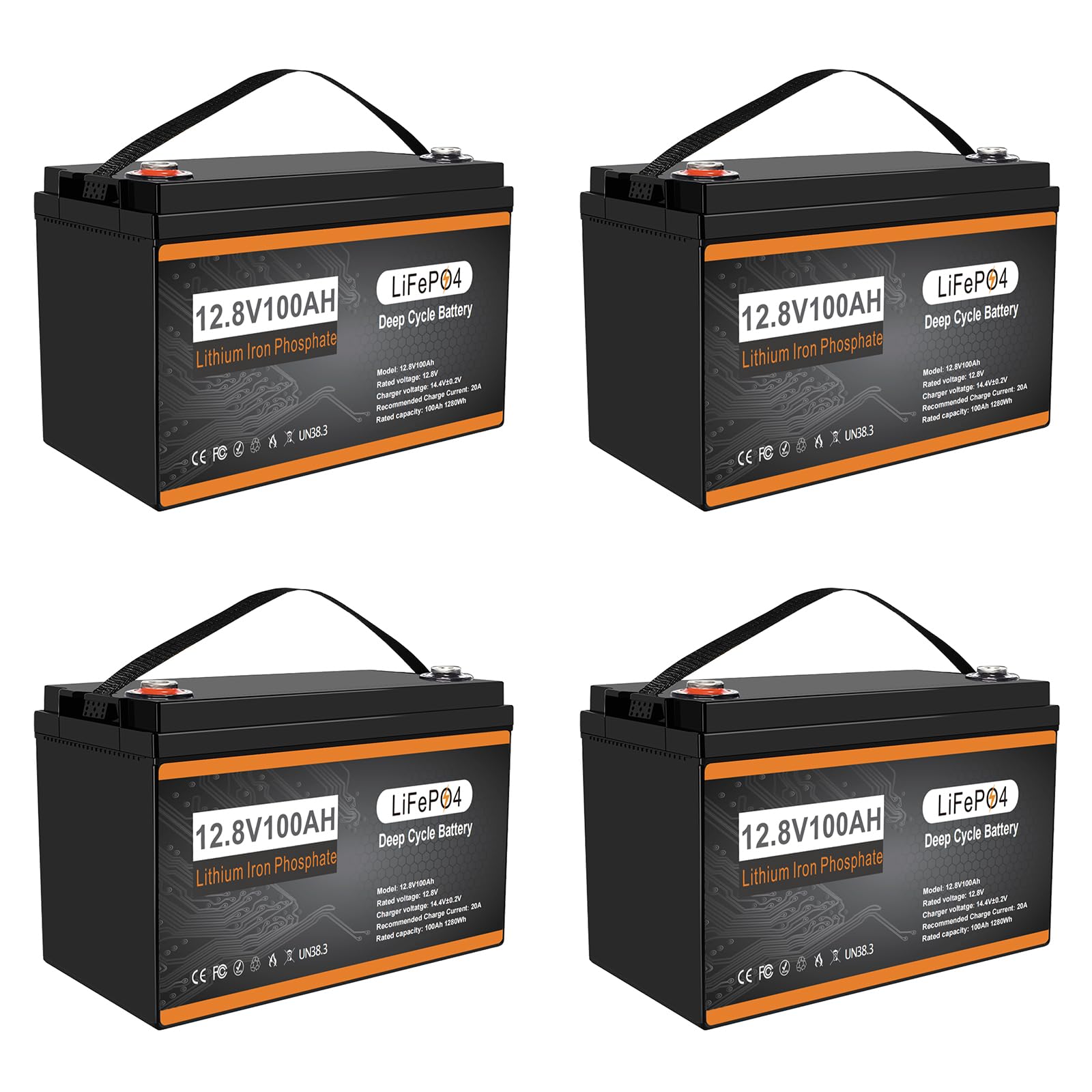 4 Pack 12V 100Ah LiFePO4 Batterie 1280Wh Lithiumbatterie mit BMS Temperature Schutz 15000 Zyklen Akku Batteries für Solaranlage Wohnmobile Camping Haushalt Van von LithiBoost