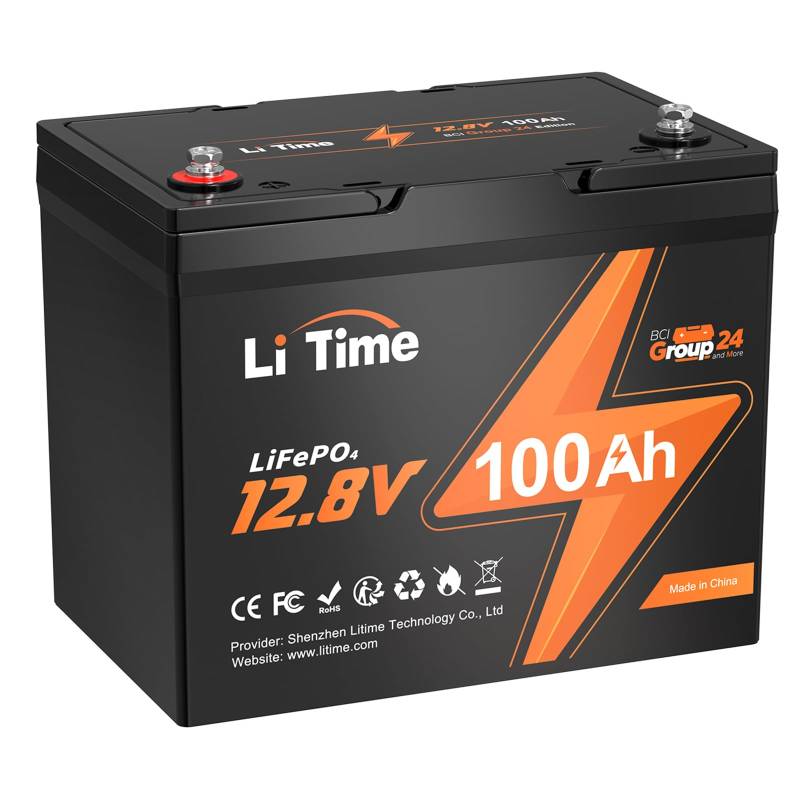 LiTime 12V 100Ah BCI Group 24 LiFePO4 Batterie, 100A BMS wiederaufladbare Lithium-Batterie 15000 Zyklen, 1.28kWh -höhere Energiedichte, perfekt für Wohnmobile, Van, Anhänger, Wohnmobil und Boote von Litime