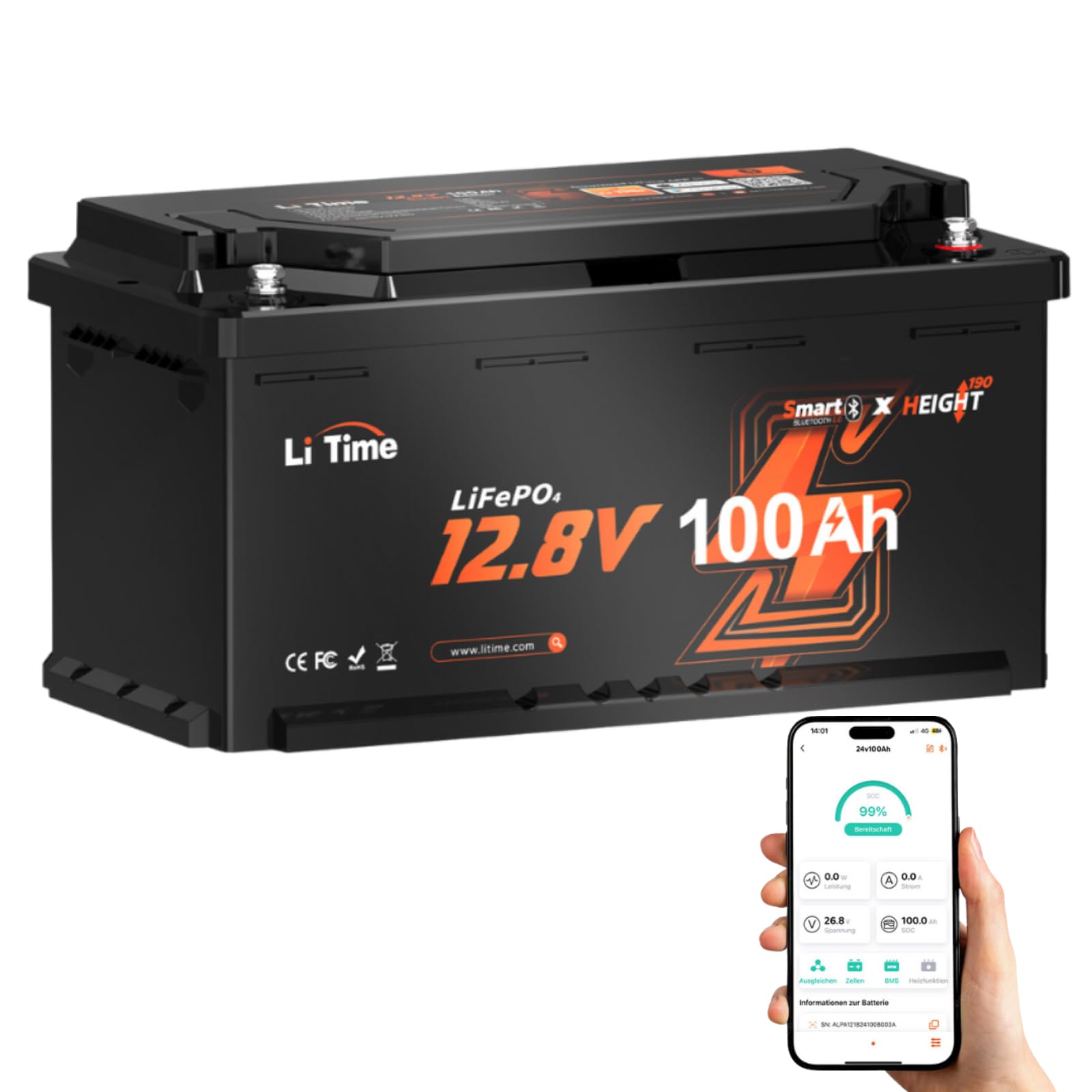 LiTime 12V 100Ah LiFePO4 Wohnmobil-Untersitz-Batterie mit Bluetooth & Smart BMS, Tieftemperaturschutz, Max. 15000 Zyklen, 100A BMS, 20.48kWh, Blei-Säure-Ersatz, perfekt für RVs von Litime