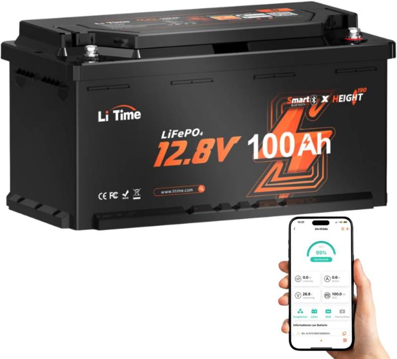 LiTime 12V 100Ah LiFePO4 mit Bluetooth & Smart BMS, Wohnmobil-Untersitz-Batterie, Tieftemperaturschutz, Max. 15000 Zyklen, 100A BMS, 20.48kWh, Blei-Säure-Ersatz, perfekt für RVs von Litime