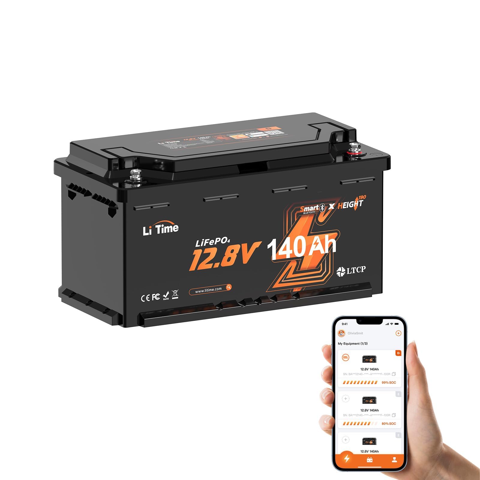 LiTime 12V 140Ah LiFePO4 Bluetooth Batterie mit 150A BMS | H190 Untersitz-Batterie für Wohnmobile | 1792Wh Energie, IP65 Schutz, Niedrigtemperaturfunktion | DIN H8 L5 Größe, Keine Wartung von Litime