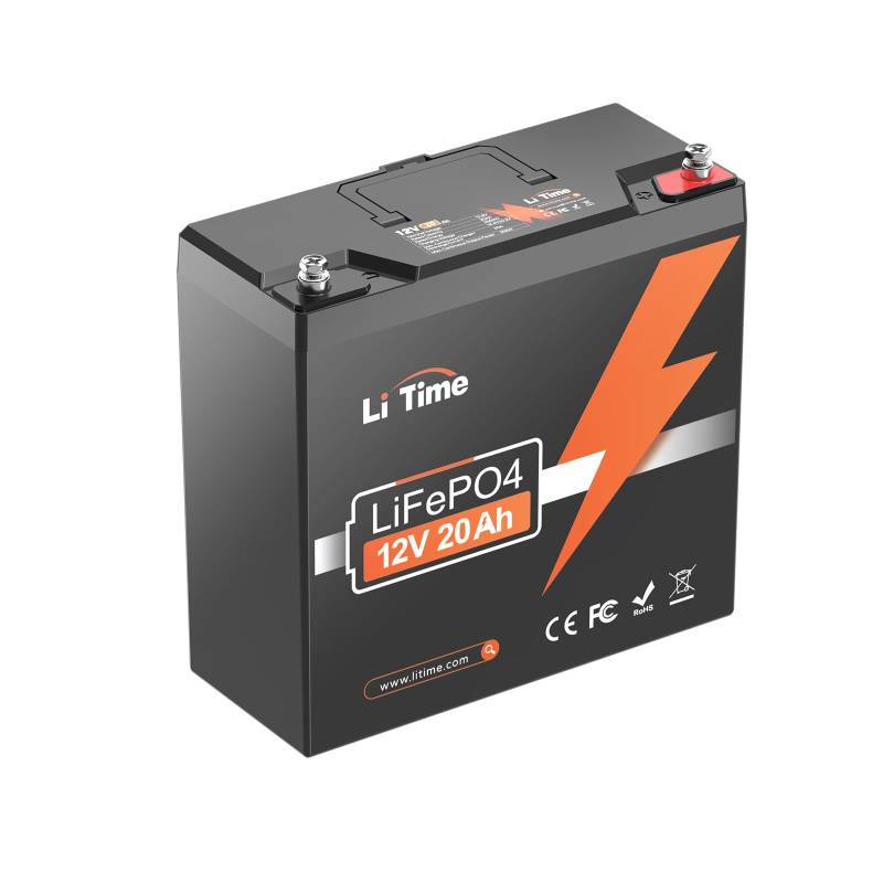 LiTime 12V 20Ah LiFePO4 Lithium-Batterie, eingebautes 20A BMS 256W Ausgangsleistung, 4000+ Tiefe Zyklen & 10-Jahres-Lebensdauer, geringe Selbstentladung, für Fischfinder, Licht, Spielzeug, Camping von Litime