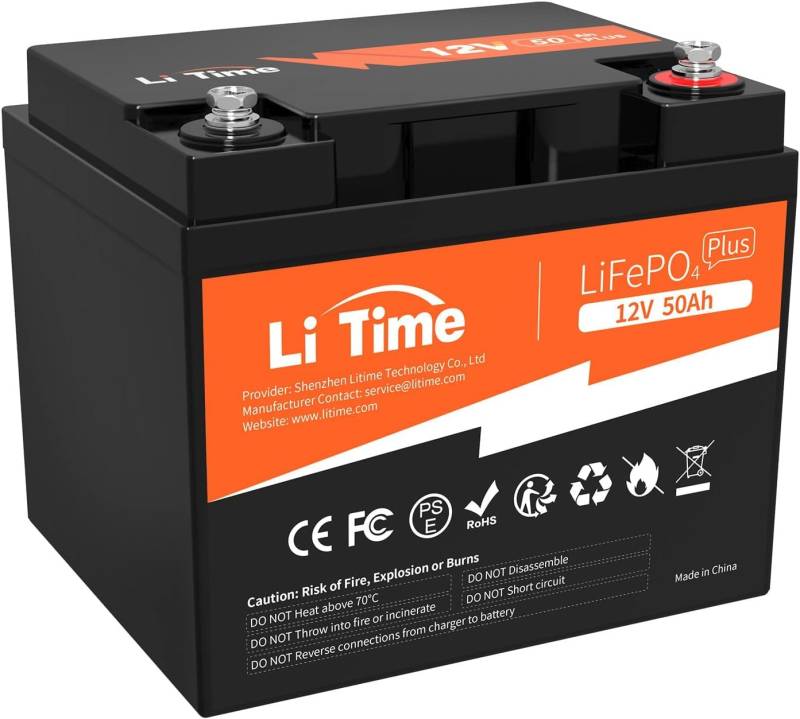 LiTime LiFePO4 12V 50Ah Batterie mit Max. 15000 Zyklen und 10 Jahre Lebensdauer, Eingebautes 50A BMS, 12V Lithium Akku Ideal für Wohnmobil, Solaranlage, Marine, Perfekter Ersatz für AGM Batterie von Litime