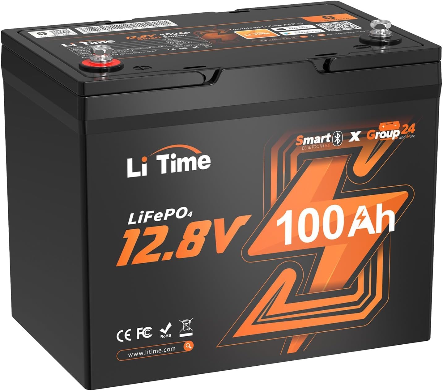 LiTime LiFePO4 12V 100Ah Gruppe 24 Bluetooth Lithium Batterie, 1280Wh, 100A BMS und Max. 15000 Zyklen, Mini-Größe Perfekter Ersatz für Blei-Säure für Wohnmobil, Solaranlage, Trolling-Motoren von Litime