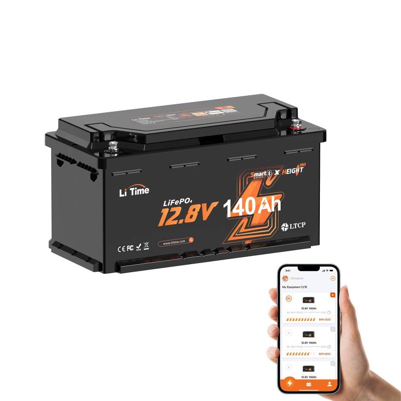 LiTime LiFePO4 12V 140Ah H190 Bluetooth Batterie (1792Wh/1920W) – Upgrade 150A BMS mit 20+ Schutzfunktionen, NFC-Barcode-Scan, Niedertemperatur-Abschaltung & DIN H8/L5 für Wohnmobile/Camping (FCC) von Litime