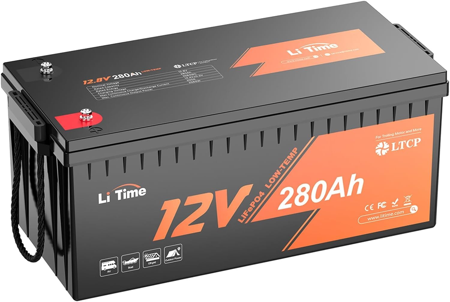 LiTime LiFePO4 12V 280Ah Plus LiFePO4 Batterie Schutz Niedrigen Temperaturen Eingebautes 200A BMS, Max 3584Wh,15000 Deep Cycles, Perfekt für Solaranlage, Wohnmobil, Camping, Boot, Haus Energiespeicher von Litime