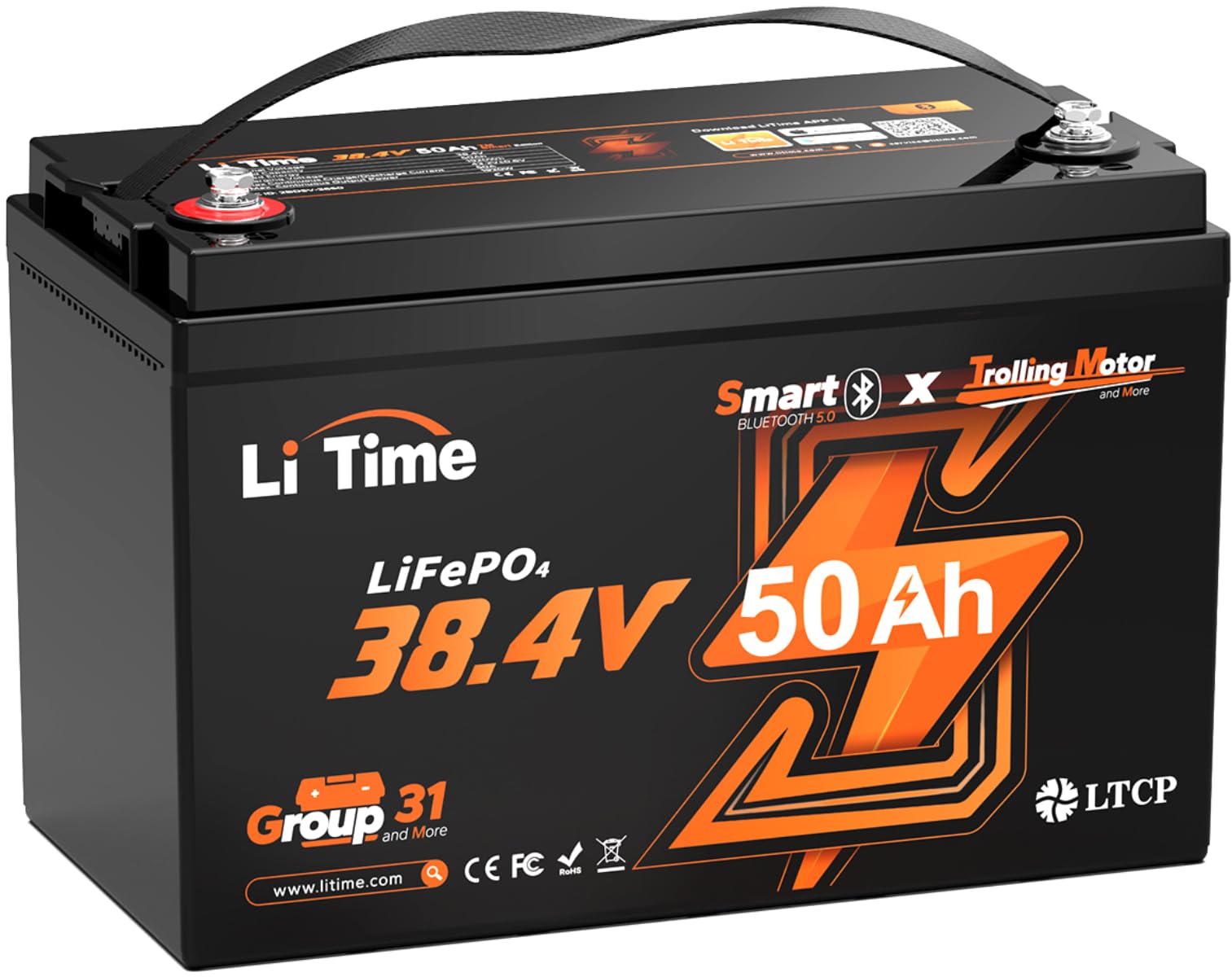 LiTime LiFePO4 36V 50Ah TM Lithium Batterie mit Bluetooth für Marine Trolling Motor, Niedertemperatur Schutz, Überspannungsschutz, 15000 Zyklen, 50A BMS von Litime