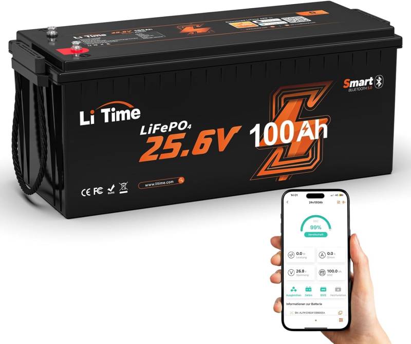 LiTime LiFePO4 Batterie, 4000+ Zyklen und 10 Jahre Batterielebensdauer, Perfekter Ersatz für Blei-Säure, AGM, SLA Batterie (24V100Ah mit Bluetooth) von Litime